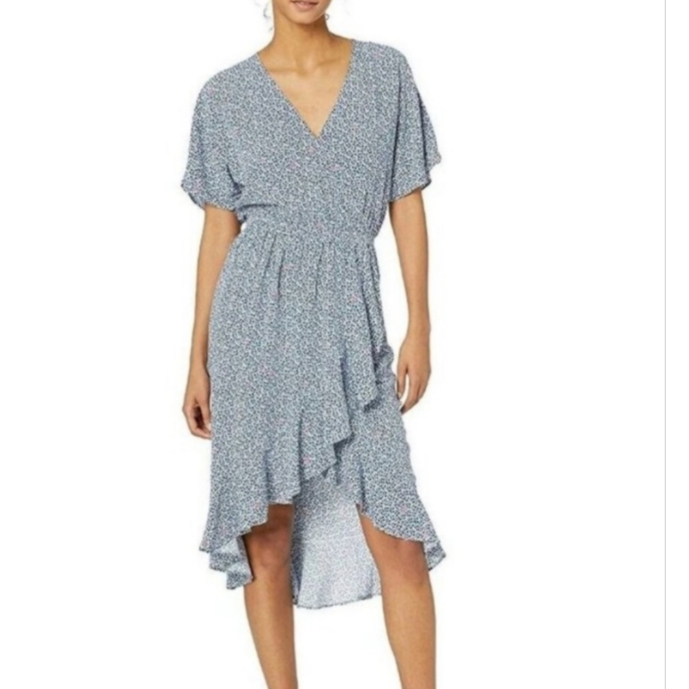 J Crew Mercantile Womens XS Short Sleeve Floral Ruffle Faux Wrap Dress Blue Pink